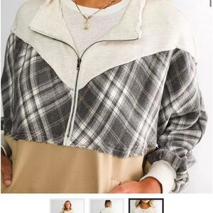 Miss Me Plaid Zip-Up Sweatshirt in Cream and Black
